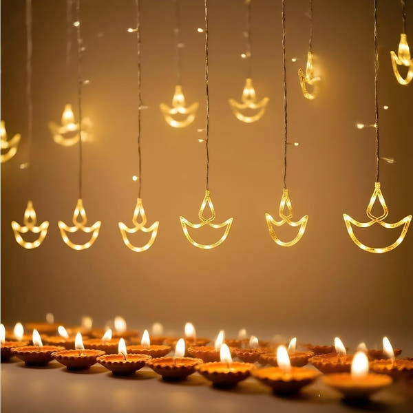 20 Diya Curtain Lights – Warm White LED | 8 Flashing Modes | Perfect for Diwali, Wedding, Party & Home Décor