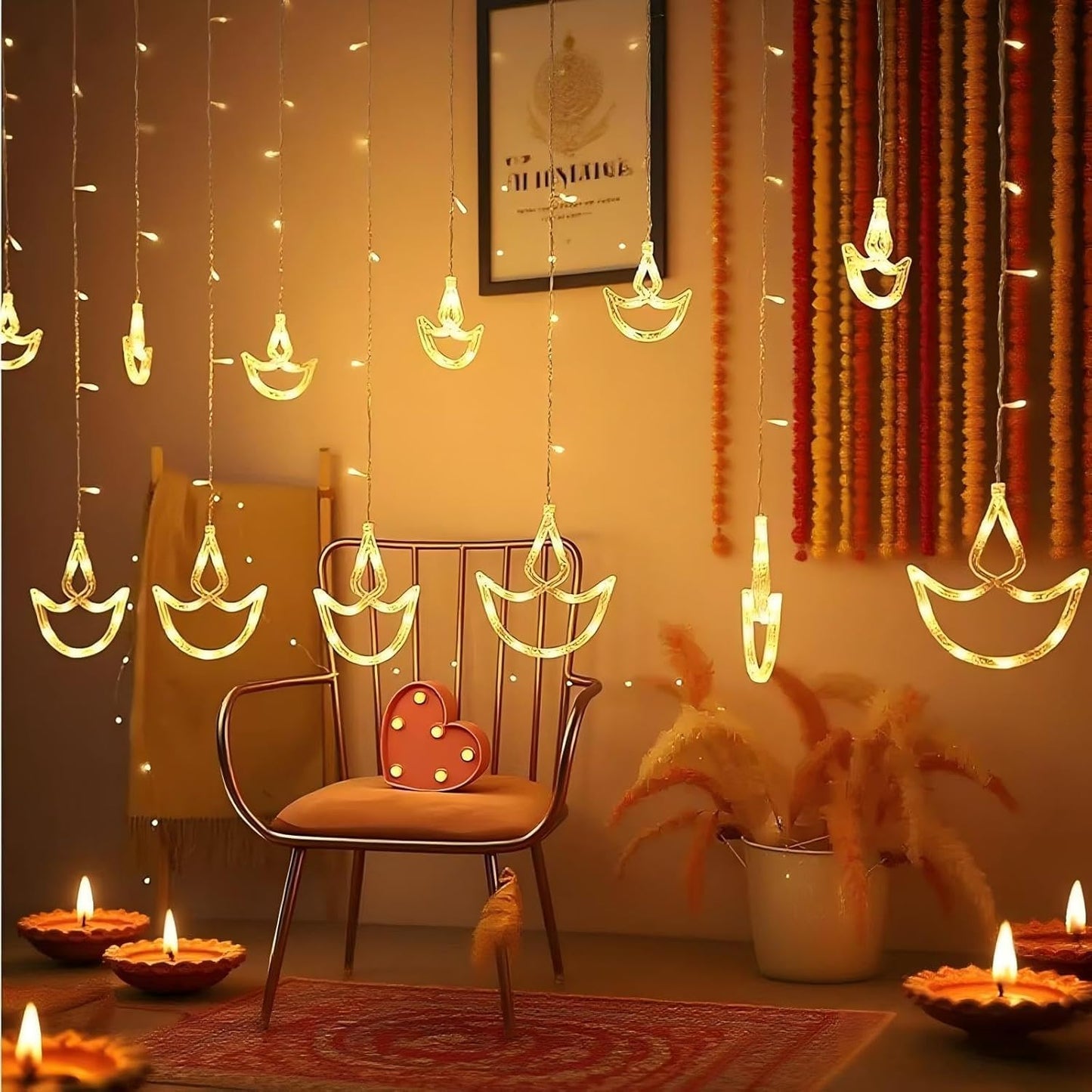 20 Diya Curtain Lights – Warm White LED | 8 Flashing Modes | Perfect for Diwali, Wedding, Party & Home Décor