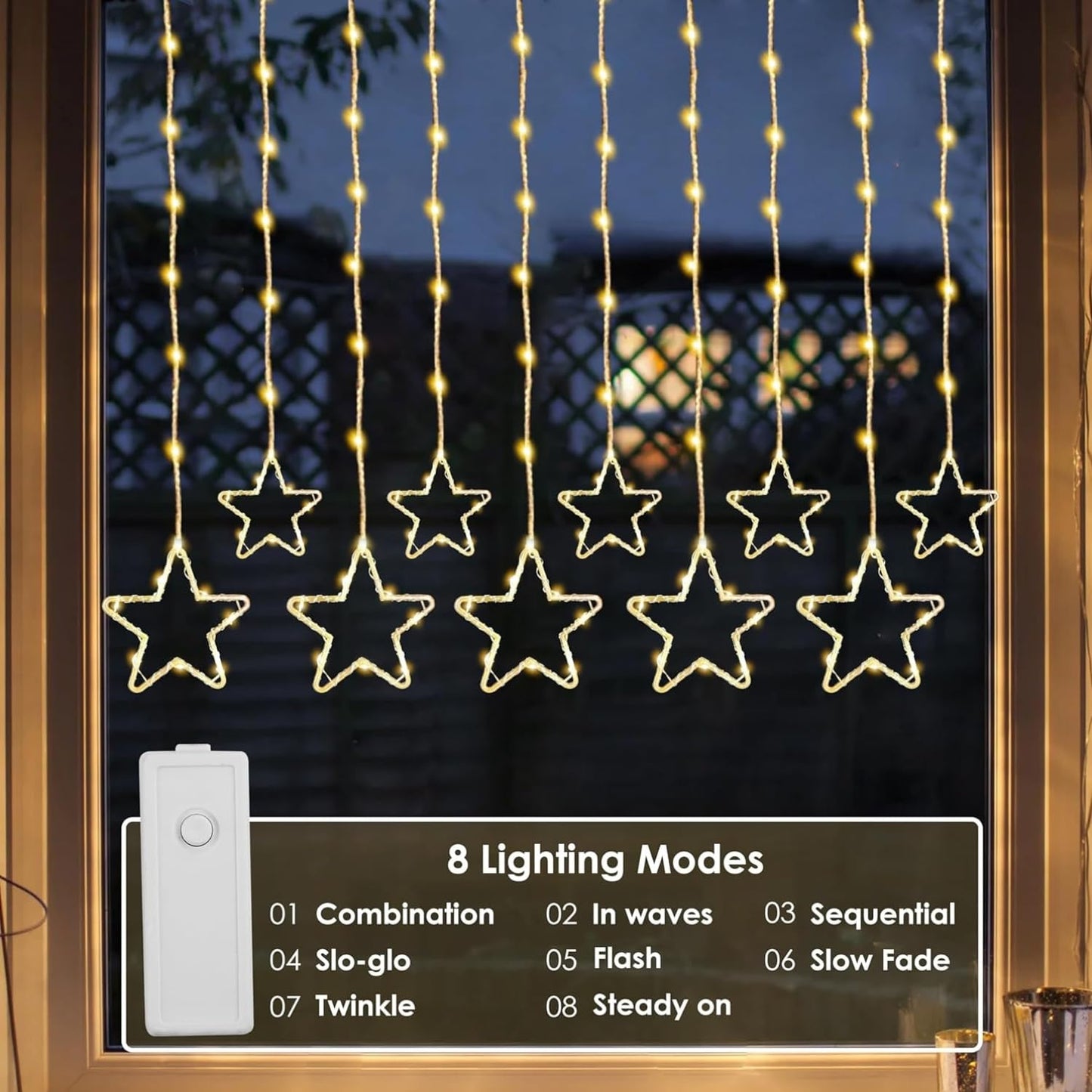 Star Curtain Fairy Lights – 3M | 96 Warm White LEDs | 8 Lighting Modes