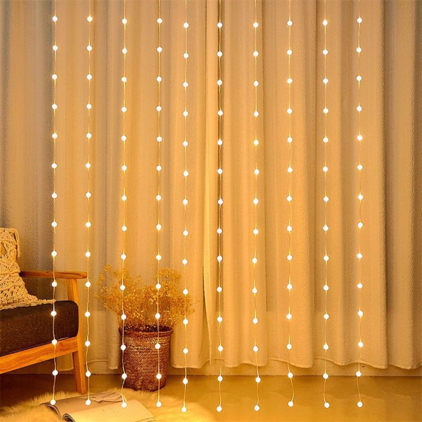 80 Crystal Ball Curtain Fairy Lights – 3x2M Warm White | 8 Flashing Modes | Perfect for Diwali, Christmas & Home Décor
