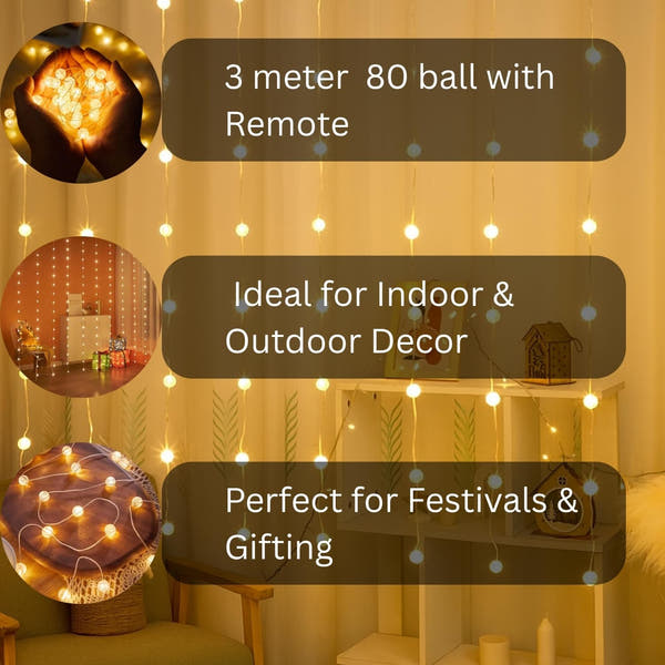 80 Crystal Ball Curtain Fairy Lights – 3x2M Warm White | 8 Flashing Modes | Perfect for Diwali, Christmas & Home Décor