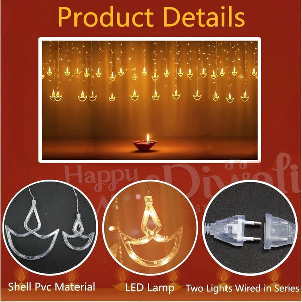 20 Diya Curtain Lights – Warm White LED | 8 Flashing Modes | Perfect for Diwali, Wedding, Party & Home Décor