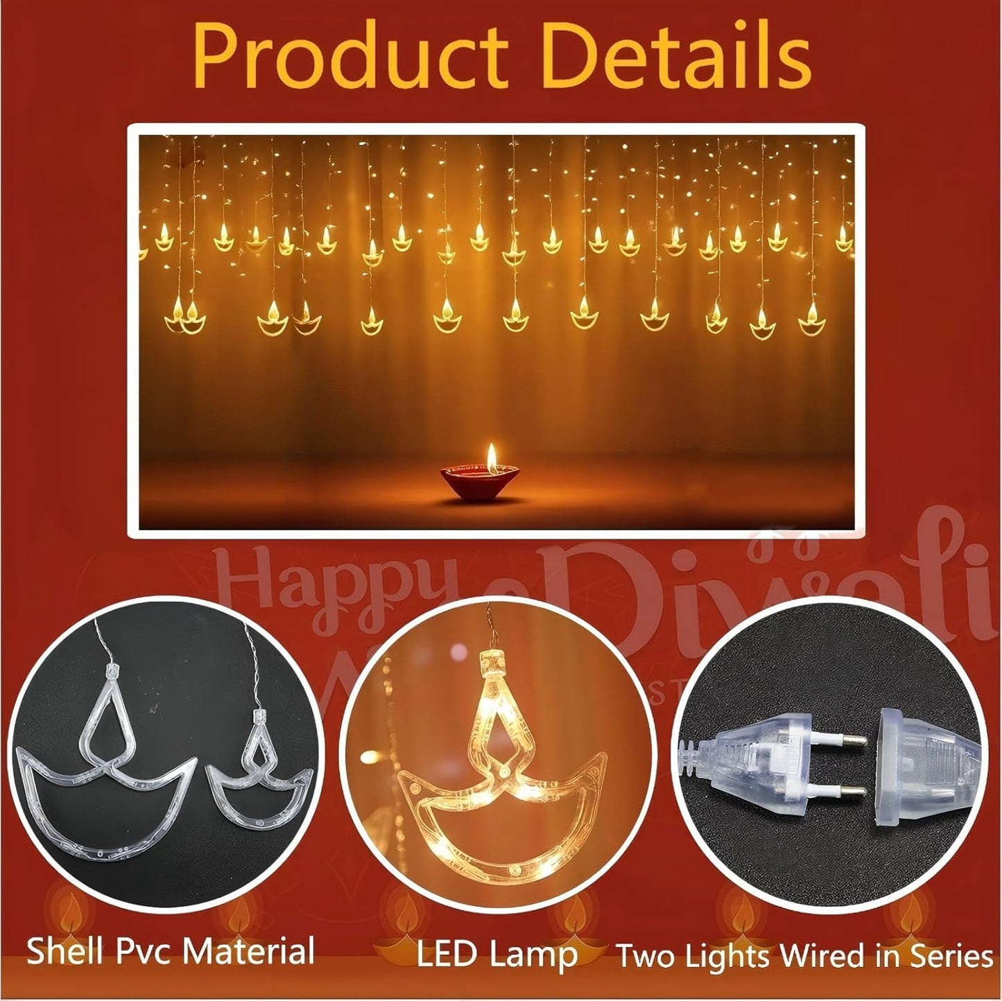 20 Diya Curtain Lights – Warm White LED | 8 Flashing Modes | Perfect for Diwali, Wedding, Party & Home Décor
