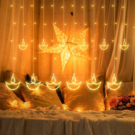 20 Diya Curtain Lights – Warm White LED | 8 Flashing Modes | Perfect for Diwali, Wedding, Party & Home Décor