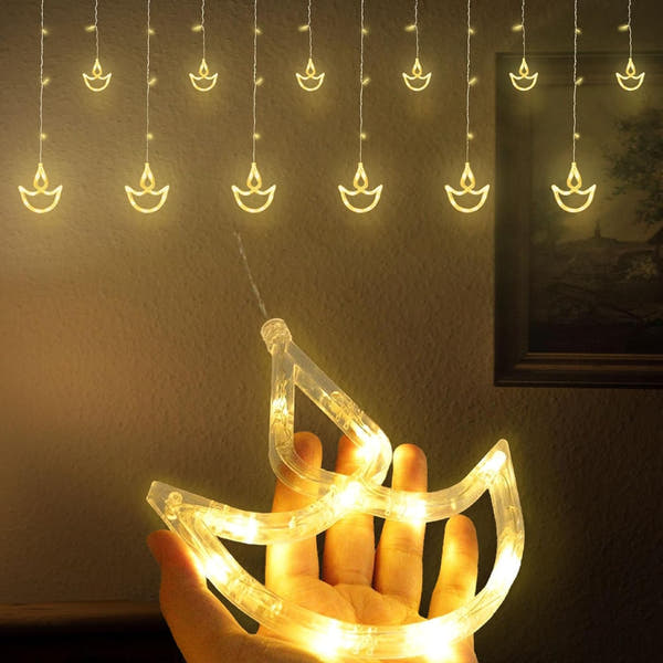 20 Diya Curtain Lights – Warm White LED | 8 Flashing Modes | Perfect for Diwali, Wedding, Party & Home Décor