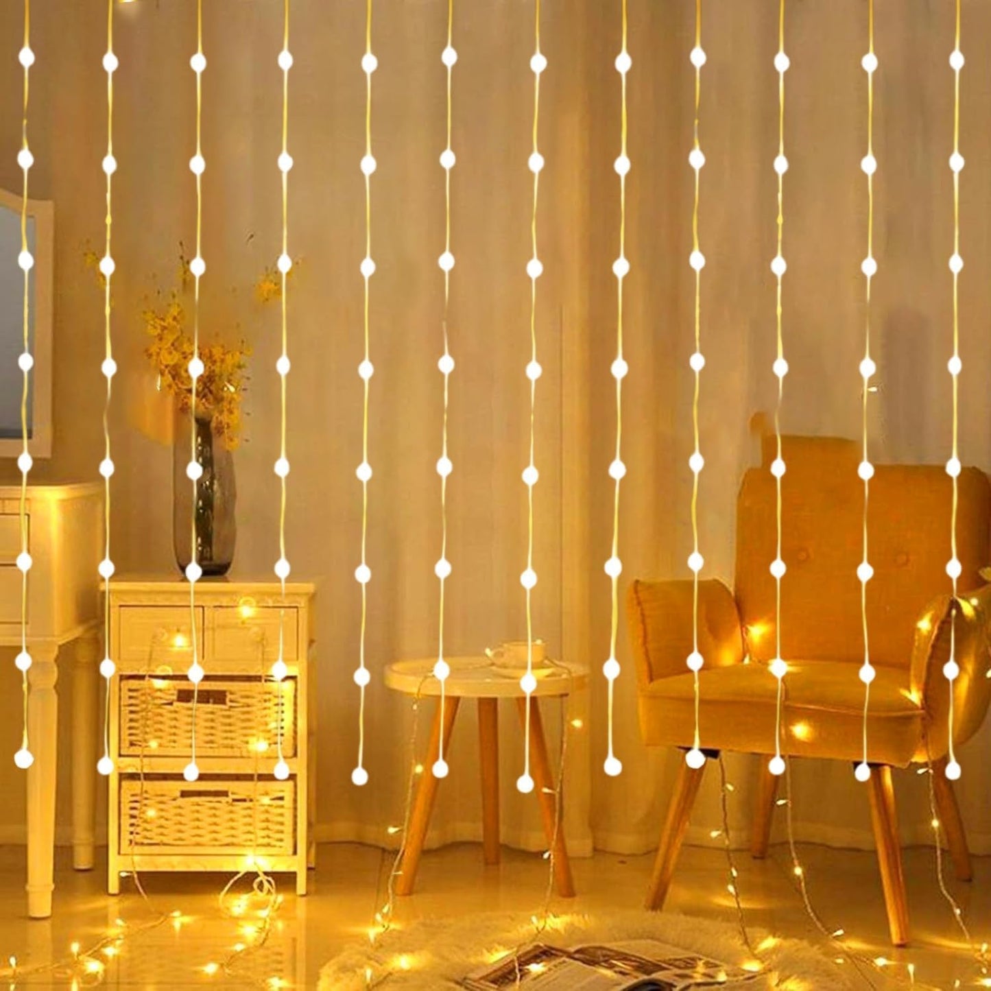 80 Crystal Ball Curtain Fairy Lights – 3x2M Warm White | 8 Flashing Modes | Perfect for Diwali, Christmas & Home Décor
